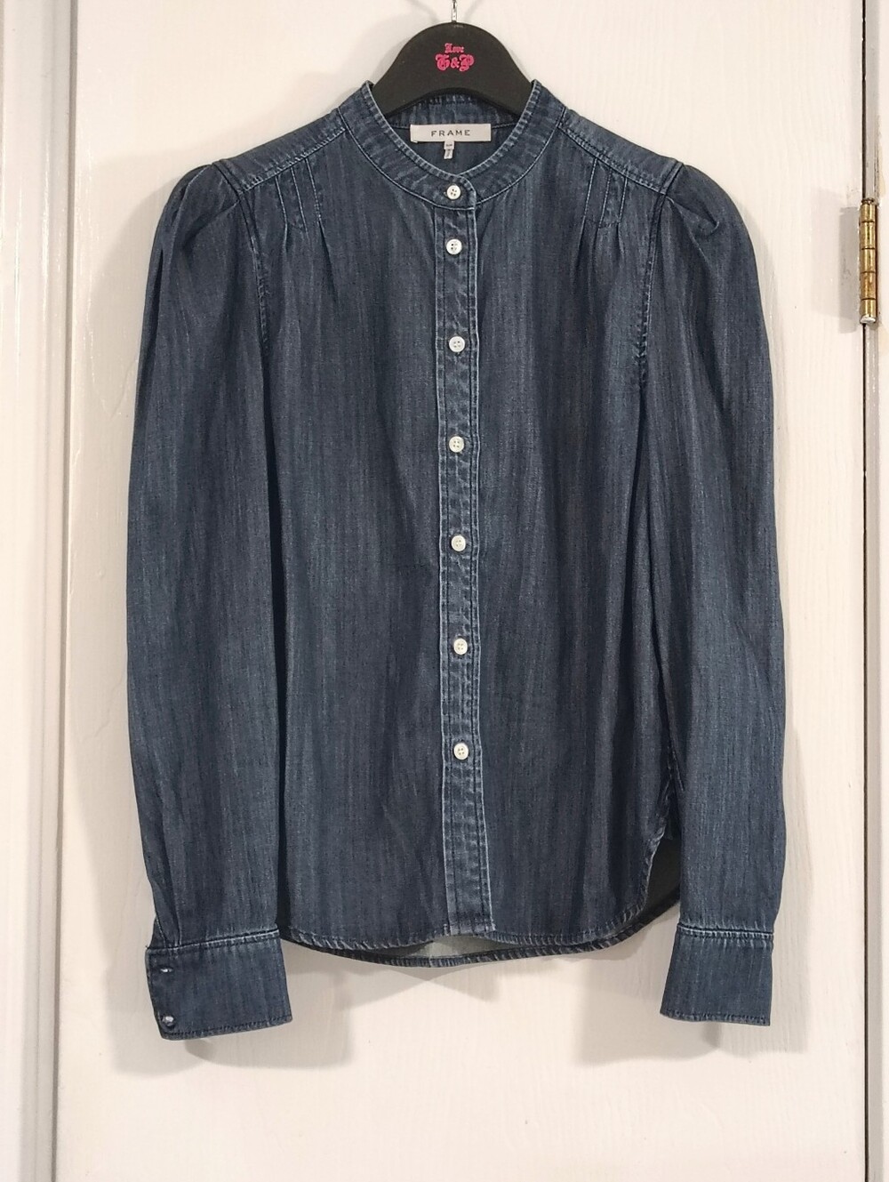 FRAME $268 Charlie Puff-Sleeve Denim Top Women's Small "Gorham" Dark Wash - Picture 6 of 15